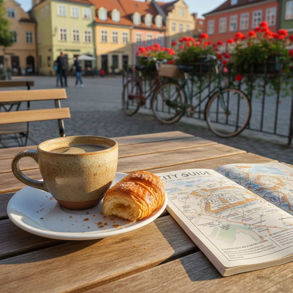 A sunlit outdoor café table in a bustling plaza, topped with a rustic ceramic cup of coffee, a flaky half-eaten croissant on a simple white plate, and a small handwritten-style city guide open to a page with circled landmarks. The cobblestone square beyond is softly blurred, revealing hints of colorful building facades, bicycles leaning against railings, and overflowing flower boxes. Early morning light streams across the table from the side, creating crisp, cheerful shadows and gentle highlights on the coffee’s surface. Photographic realism, captured at table height with a shallow depth of field, radiating a playful sense of slow, observational travel and everyday local life.