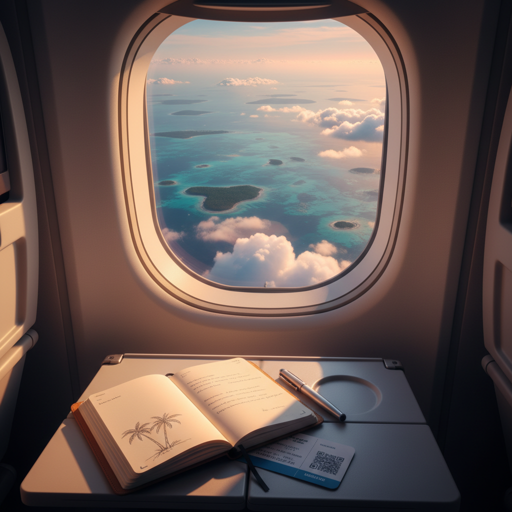 An airplane window view showing a patchwork of turquoise ocean, tiny scattered islands, and soft clouds below, framed by the smooth, rounded window interior. On the tray table sits a small open journal with a pen resting across it, and a neatly folded boarding pass barely visible beneath. Gentle sunrise light washes the cabin in a warm, peachy glow, illuminating the page and creating subtle reflections on the plastic surfaces. Photographic realism, captured from a traveler’s seated perspective with the horizon on the upper third, evoking anticipation, quiet excitement, and the playful curiosity of landing somewhere completely new.