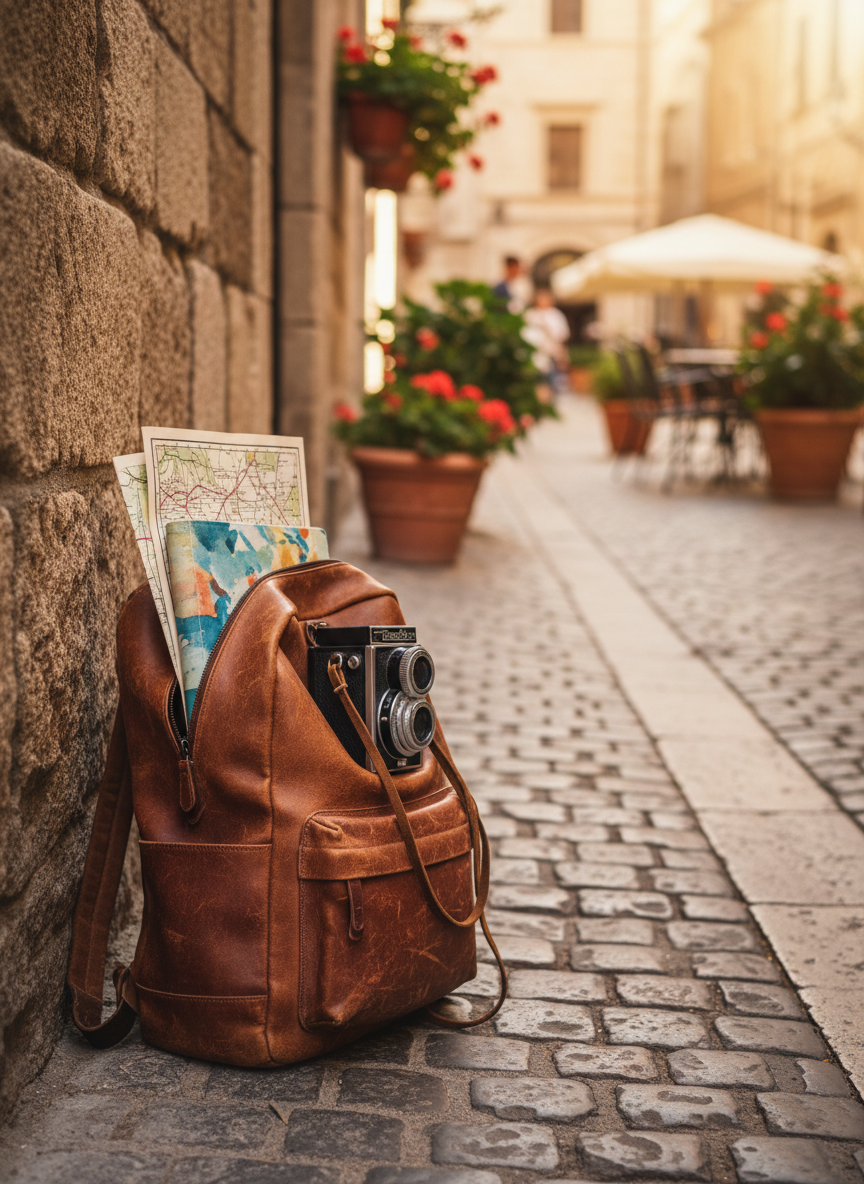 A well-traveled, weathered leather backpack resting against a sun-warmed stone wall on a narrow European alleyway, its zippers half-open to reveal a folded map, a colorful notebook, and a vintage-style camera. Cobbled stones lead the eye toward a softly blurred plaza in the distance, dotted with outdoor café tables and potted plants. Late afternoon golden hour light pours in from the side, casting long, playful shadows and making the backpack’s texture glow. Photographic realism, shot at eye level with a shallow depth of field, emphasizing the intimate, personal feel of a solo travel moment and the promise of stories tucked just out of frame.