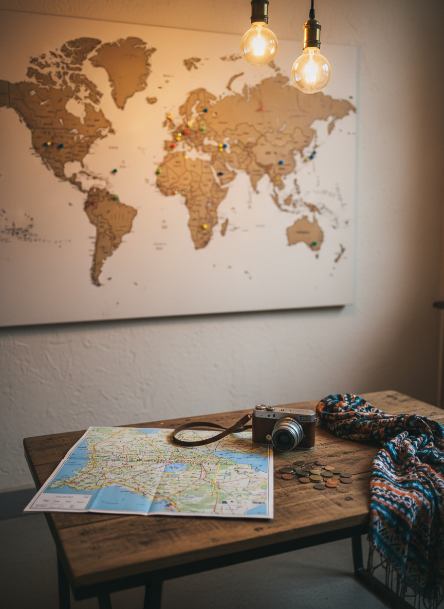 A cozy hostel common room corner featuring a low wooden table scattered with a folded city map, a compact mirrorless camera, a small pile of foreign coins, and a brightly patterned scarf. Behind, a world map pinned to the wall is dotted with colorful pushpins marking past adventures, slightly out of focus. Warm pendant lights hang overhead, casting a golden, inviting glow and gentle shadows across the scene. Photographic realism, shot from a slightly elevated angle with a balanced composition, capturing the playful, spontaneous energy of planning the next day’s exploration while surrounded by the hum of shared travel stories.